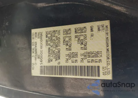 2011 Nissan Titan S z USA, uszkodzony, nr VIN 1N6AA0CH5BN309095